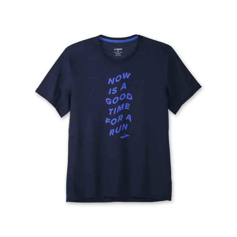 Brooks Distance Graphic Men's Short Sleeve Running Shirt - Navy/Bluetiful/Run Wave (79021-ZQAY)